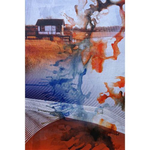 Colin Goldberg, Oysterponds, 2018. India ink, pigment print and iridescent primer on linen. 24 x 16 inches.