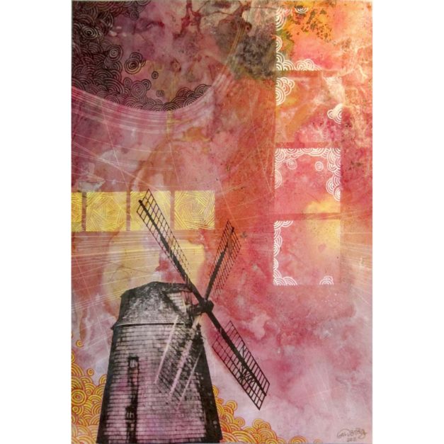 Composition With Windmill, 2011. India ink, pigment and gouache on paper, 18 x 12 inches.