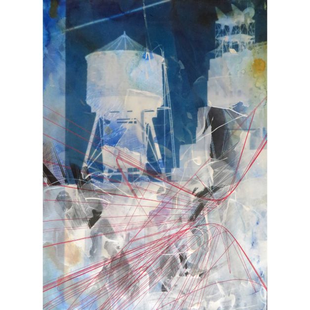 Blue Watertower, 2015. Acrylic, india ink wash and pigment print on paper, 29 x 21 inches.