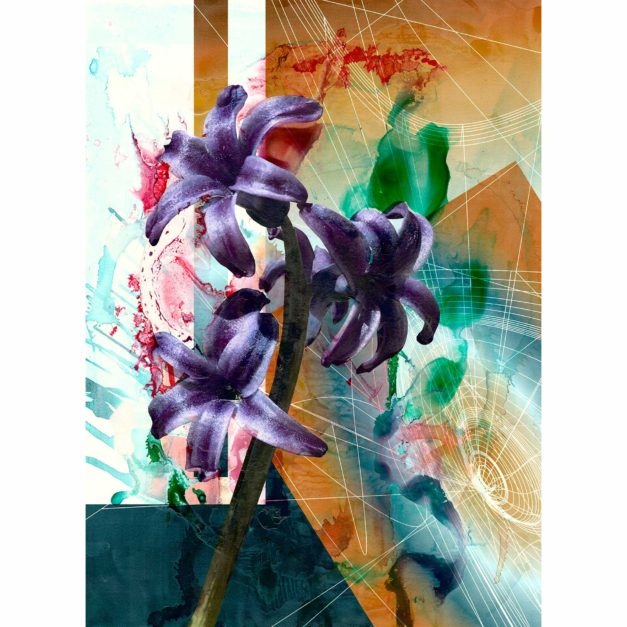 Hyacinth, 2018. India ink, acrylic and pigment print with iridescent primer on Rives BFK paper. 29 x 21 inches.