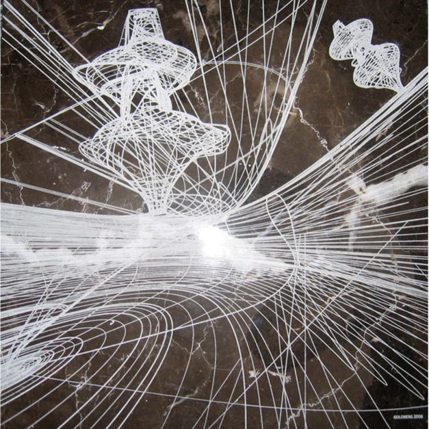 Antispace Structures, 2005. Laser-etched marble, 12 x 12 inches. Private collection, New York.