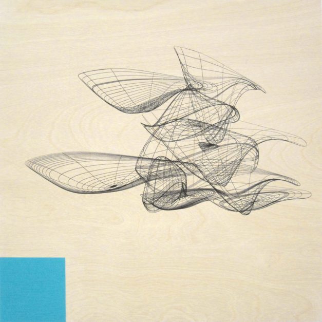 Wireframe With Blue Square, 2013. Acrylic and pigment with liquid polymer on birch panel, 12 x 12 inches. Private collection, Honolulu HI