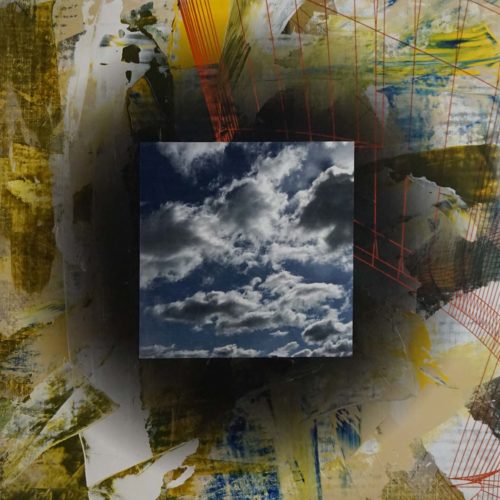 Colin Goldberg, Square Composition with Clouds, 2020. Acrylic and pigment print on linen over wood panel. 20 x 20 inches.