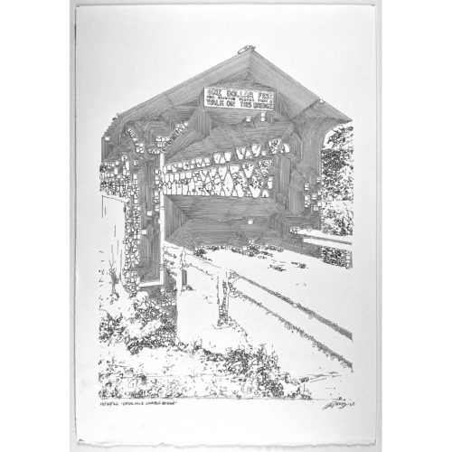 Colin Goldberg, Chiselville Covered Bridge, 2022. Computer-robotic assisted graphite pencil drawing on Rives BFK paper. Edition 1/1.